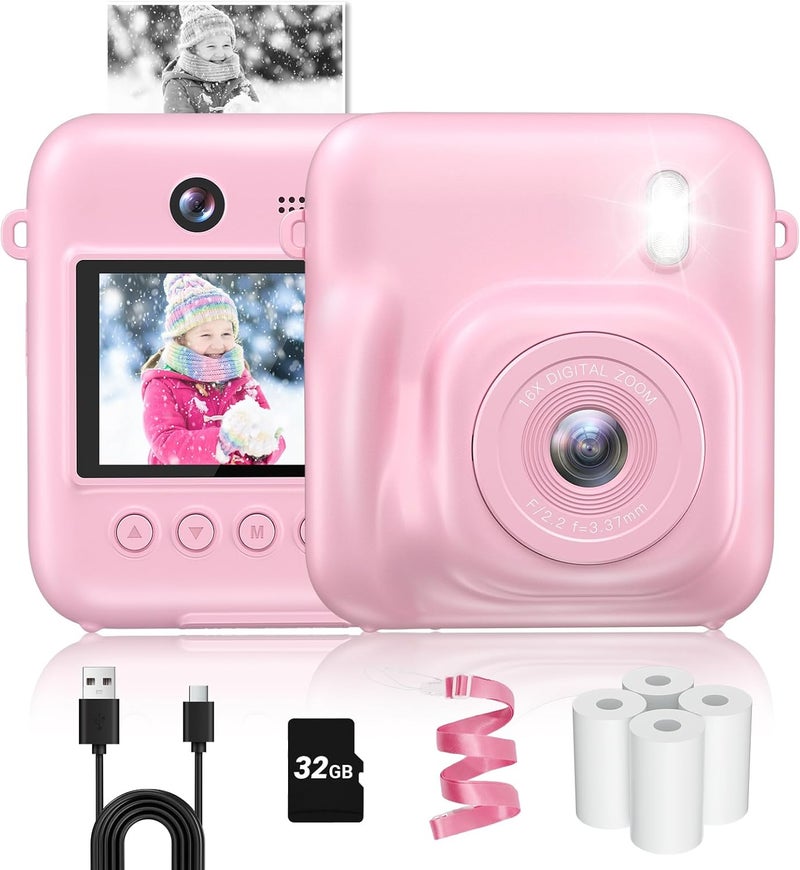 Fulealfly Kids Camera Instant Print, 48MP Selfie Digital Camera for Kids Christmas Birthday Gifts, 1080P Instant Print Cameras with Print Paper, 32GB Card, Toddle Toy for 4 5 6 7 8 9 Year Old Boys Girls-Pink - Image 1